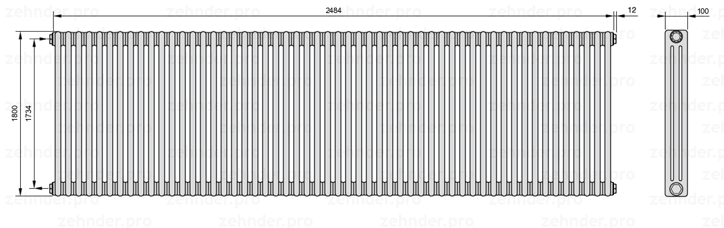 Схема (чертеж) Радиатор Zehnder Charleston 3180/54 №1270 Technoline TL